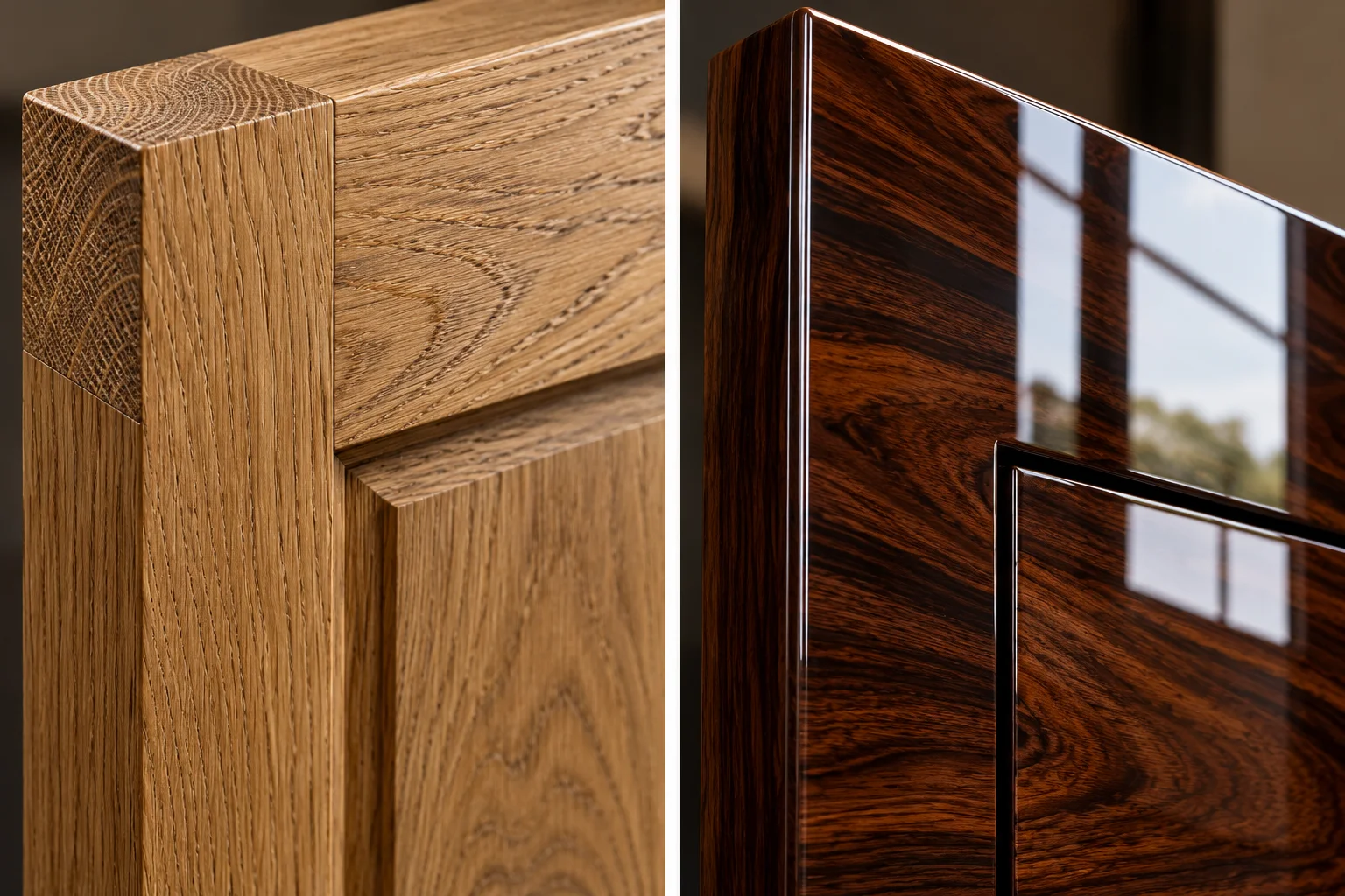 Close-up solid timber and high-gloss polyester finishes
