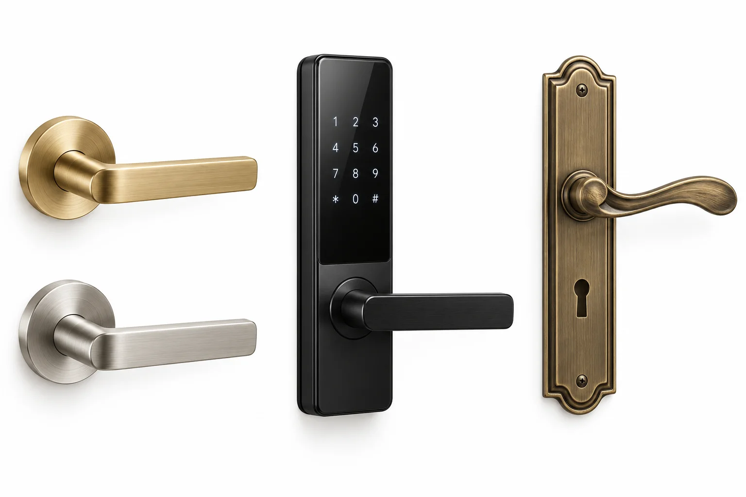 Lever handles, digital main-door lock and full-panel lock