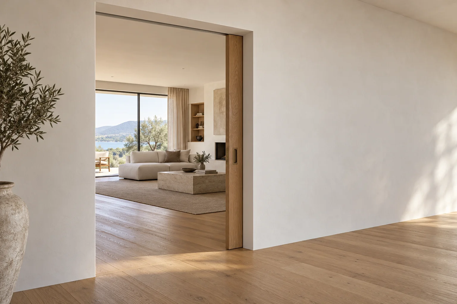 Oak pocket door almost fully retracted into the white wall