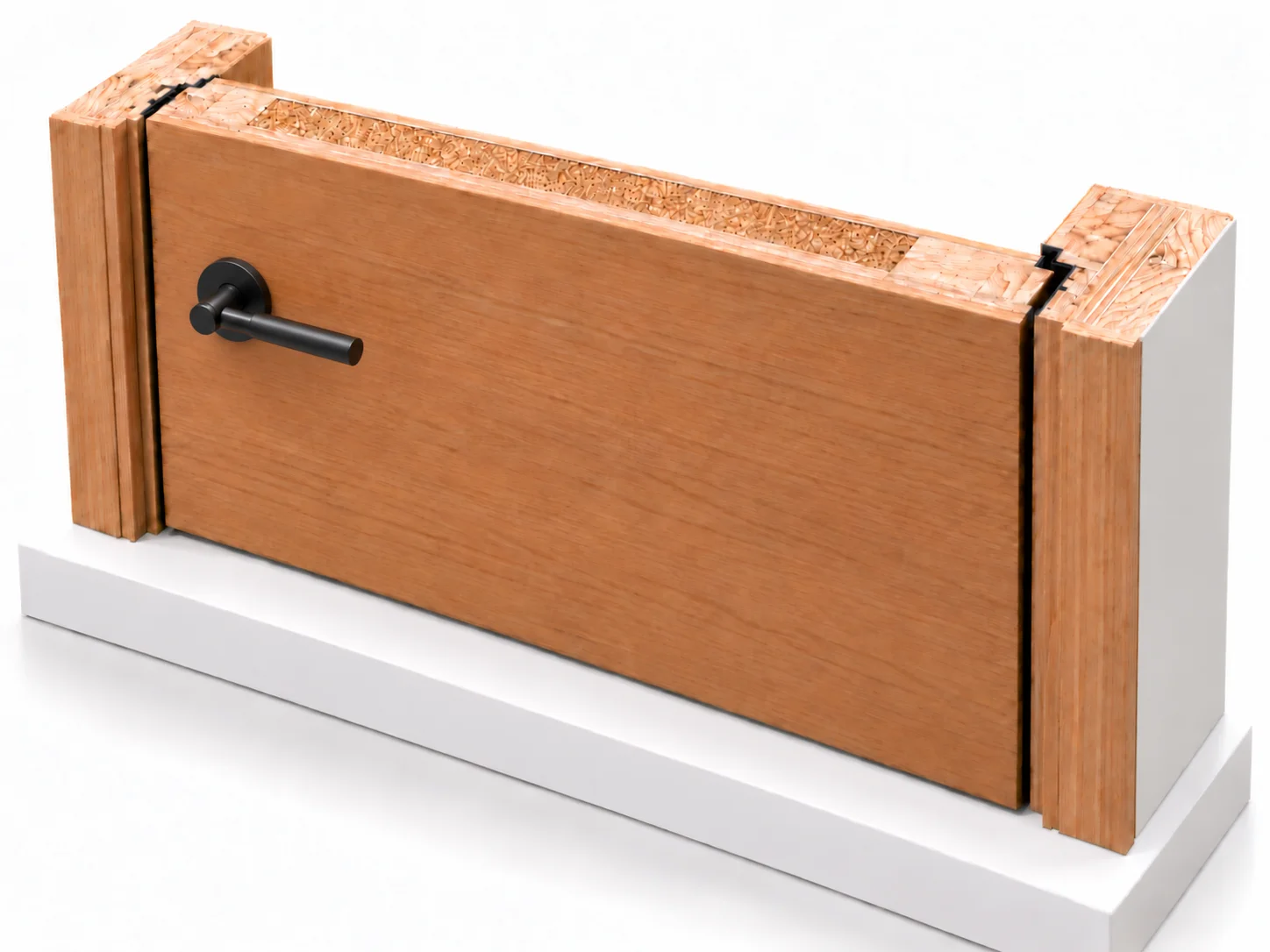 Large oak door and frame sectional sample with concealed hinge and black lever handle
